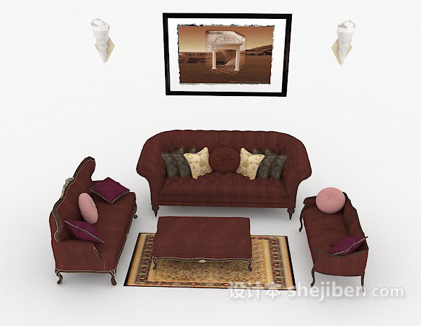 欧式风格欧式红色组合沙发3d模型下载