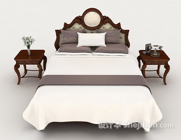 中式风格新中式木质白色双人床3d模型下载