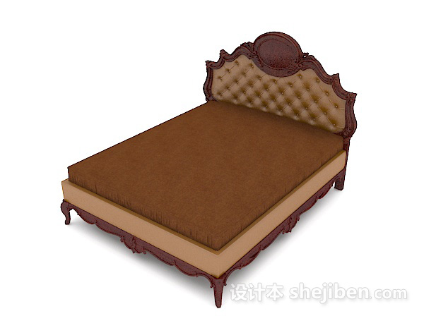 简单家居木质棕色双人床3d模型下载