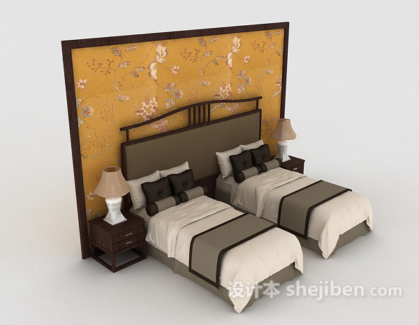 新中式风格实木单人床3d模型下载