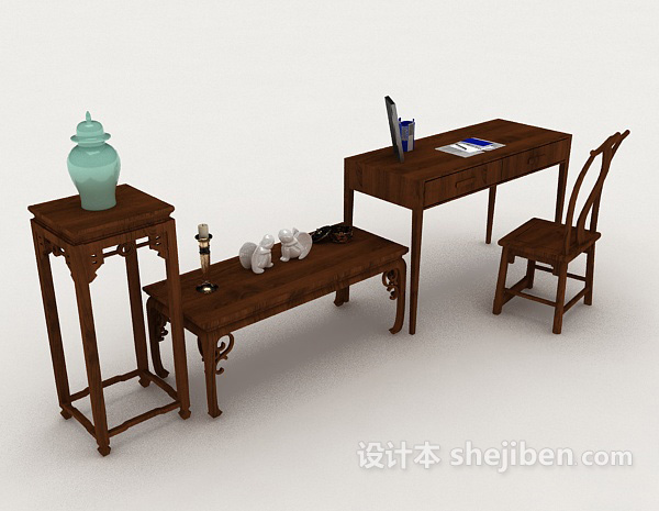 中式简约木质书桌椅3d模型下载