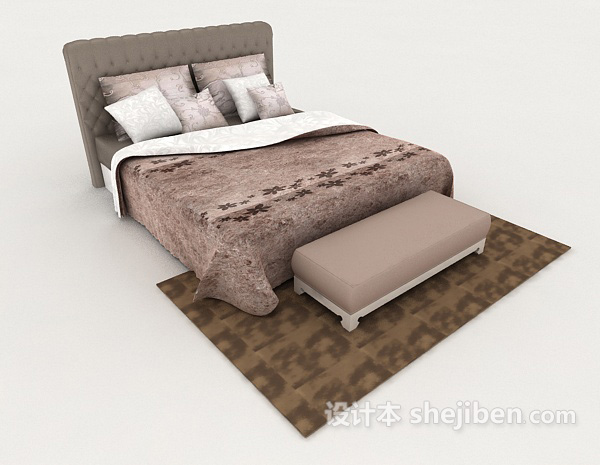 免费棕色家居双人床3d模型下载