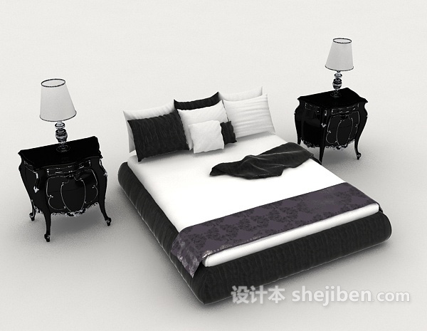 欧式简约黑白双人床3d模型下载