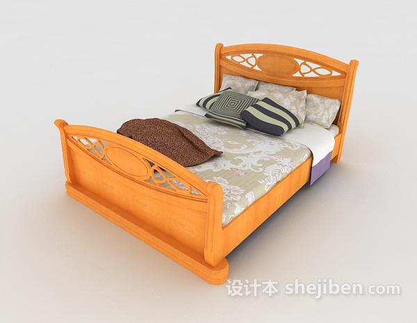 免费黄色木质双人床3d模型下载