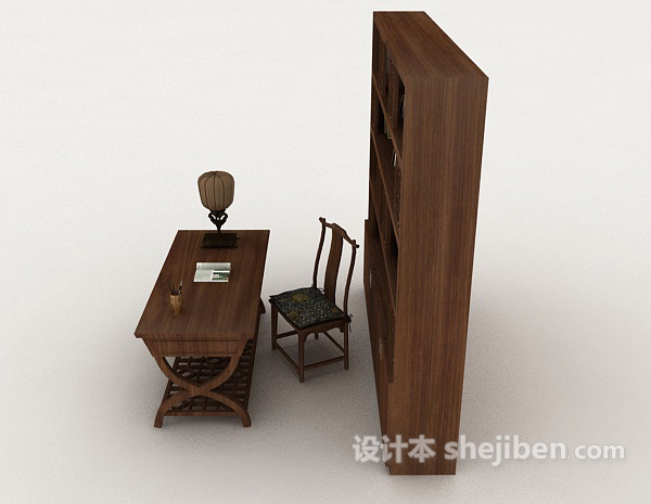 设计本中式书桌椅柜3d模型下载