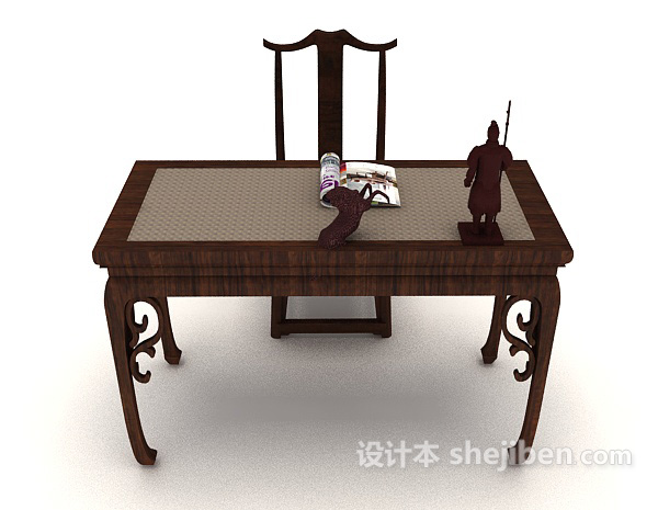设计本中式木质书桌椅3d模型下载