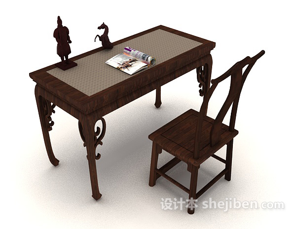 中式木质书桌椅3d模型下载