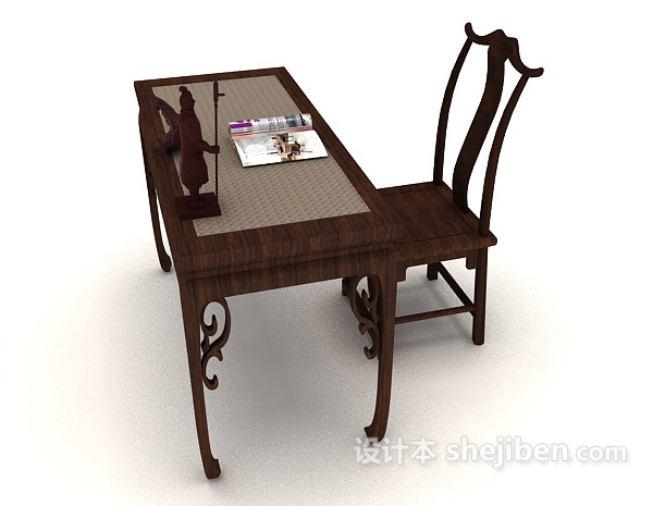 中式风格中式木质书桌椅3d模型下载