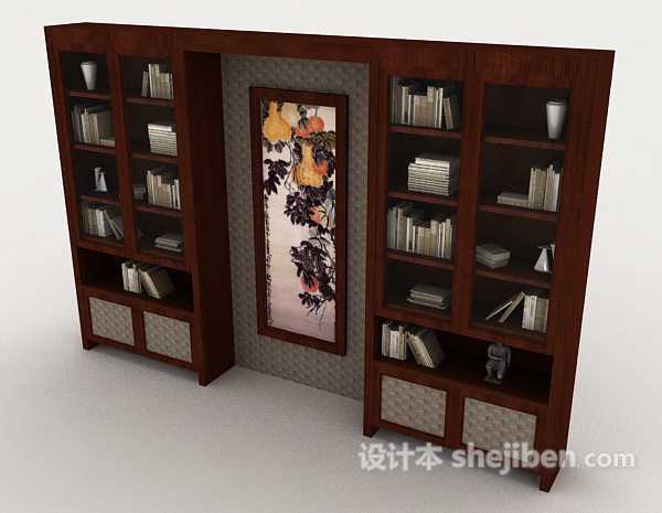免费中式风格木质书柜3d模型下载