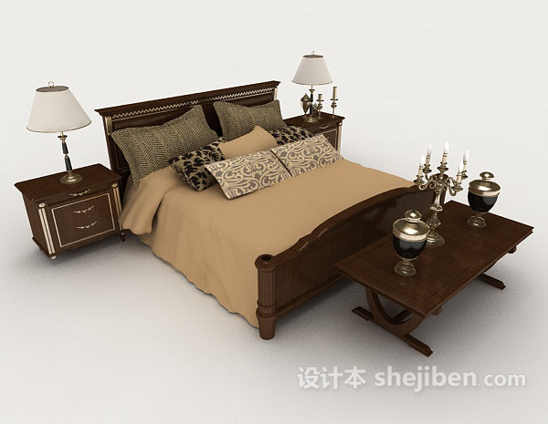 免费新中式复古木质双人床3d模型下载