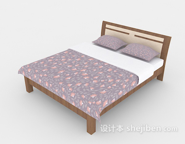 设计本现代简约紫色花纹双人床3d模型下载