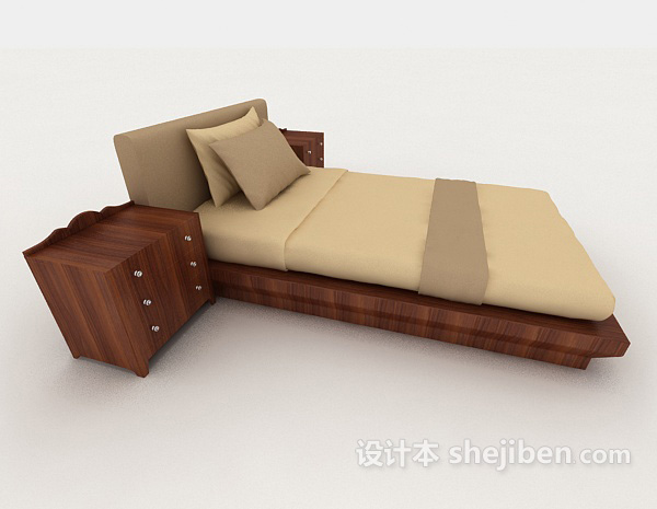 免费家居木质简约棕色双人床3d模型下载