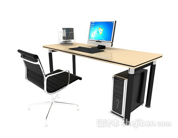 黑色办公电脑桌椅3d模型下载
