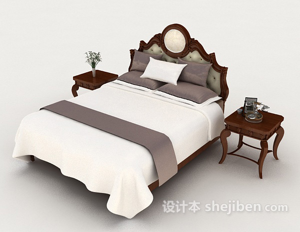 新中式木质白色双人床3d模型下载