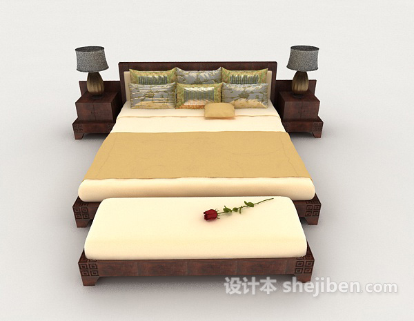 现代风格木质暖黄色简约双人床3d模型下载