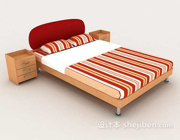 红色条纹双人床3d模型下载