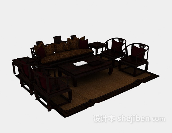 中式木质桌椅组合3d模型下载
