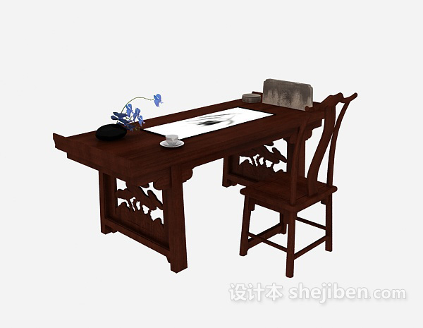 中式书桌椅子3d模型下载
