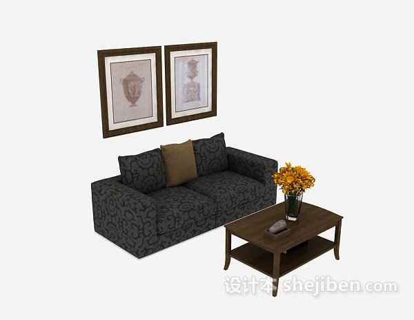 新中式灰色双人沙发3d模型下载