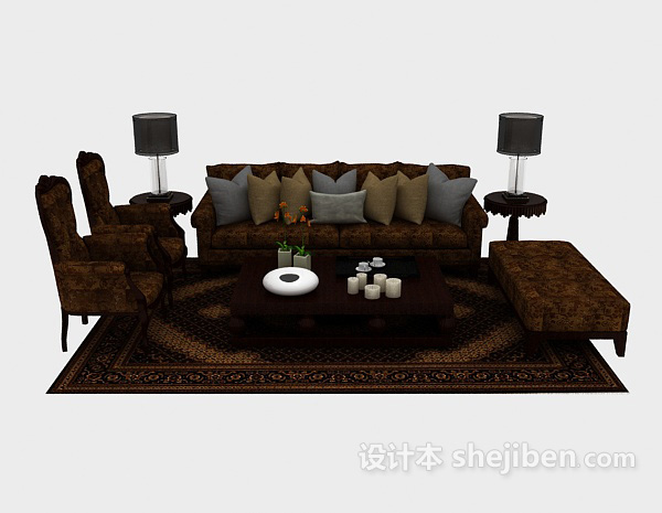 现代风格花纹棕色木质组合沙发3d模型下载