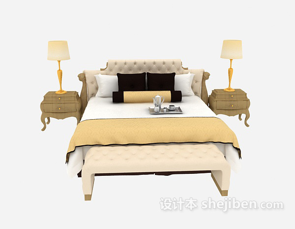 欧式风格欧式家居木质黄色双人床3d模型下载