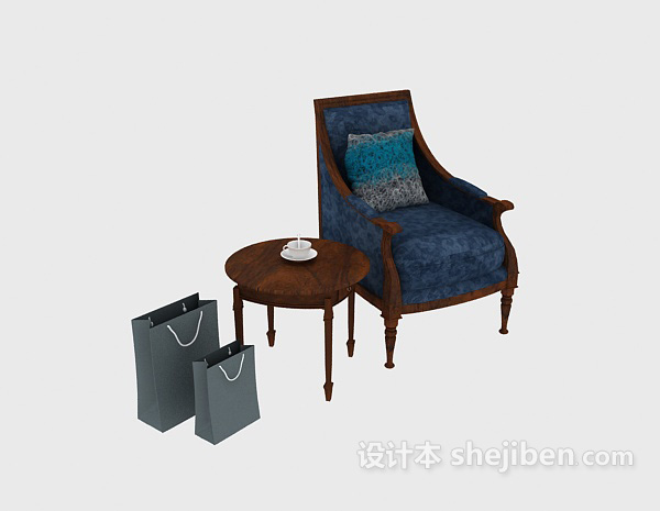 新中式蓝色桌椅3d模型下载