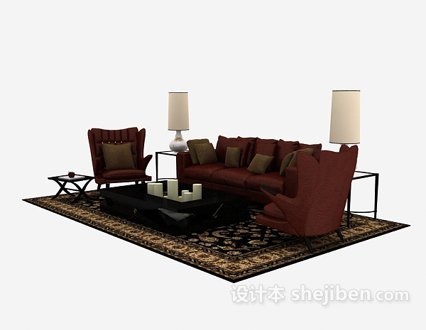设计本暗红色家居木质组合沙发3d模型下载