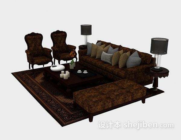 设计本花纹棕色木质组合沙发3d模型下载