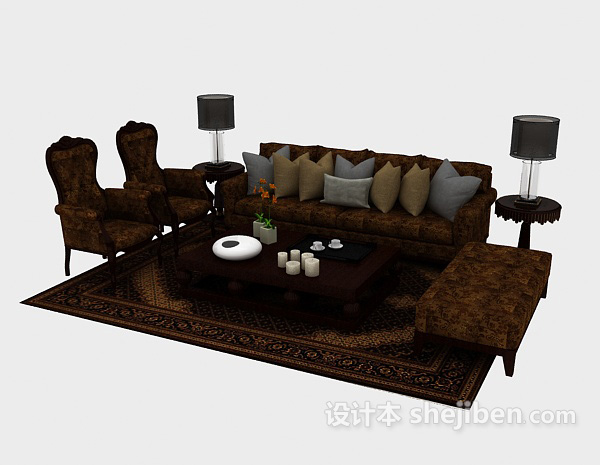 免费花纹棕色木质组合沙发3d模型下载