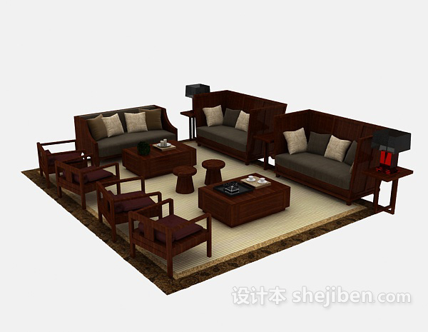 设计本新中式风格实木沙发3d模型下载