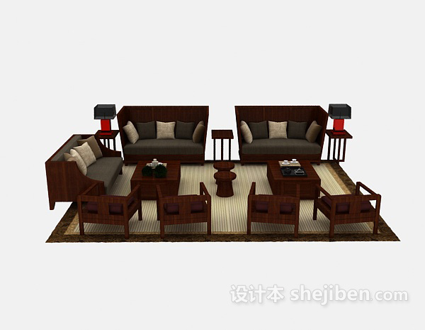 中式风格新中式风格实木沙发3d模型下载