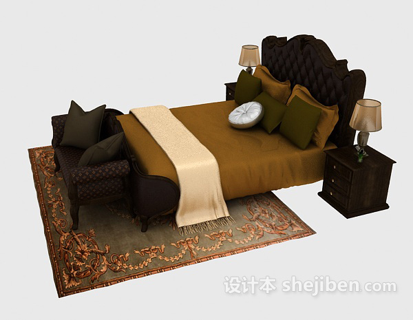 设计本深棕色木质家居双人床3d模型下载