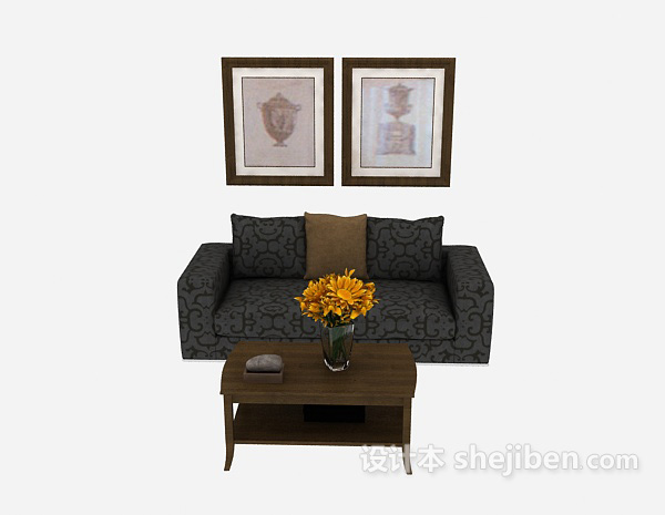 中式风格新中式灰色双人沙发3d模型下载