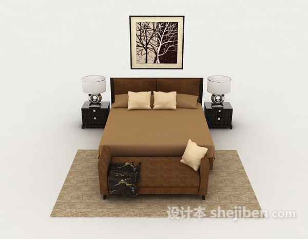 现代风格家居木质棕色简约双人床3d模型下载