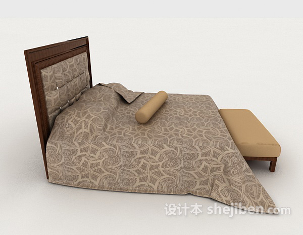 设计本家居棕色简约木质双人床3d模型下载