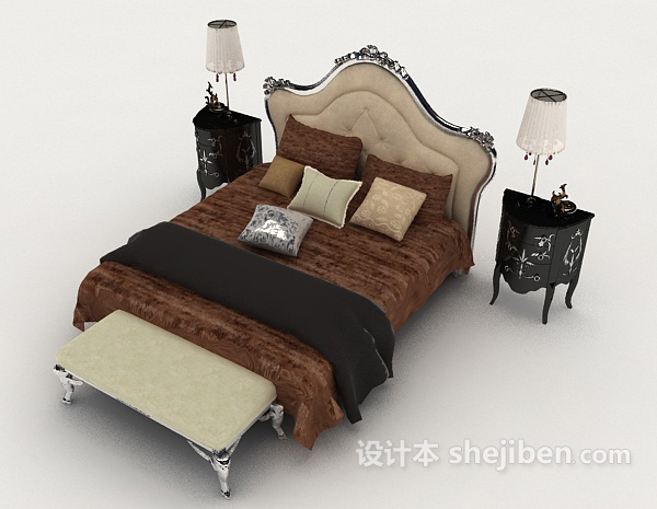 免费欧式家居木质双人床3d模型下载