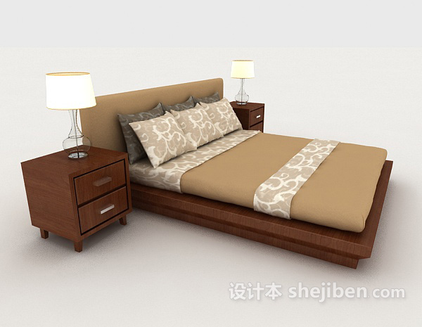 设计本木质简约棕色家居双人床3d模型下载