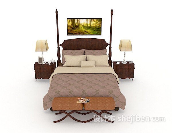 欧式风格欧式家居简约木质双人床3d模型下载