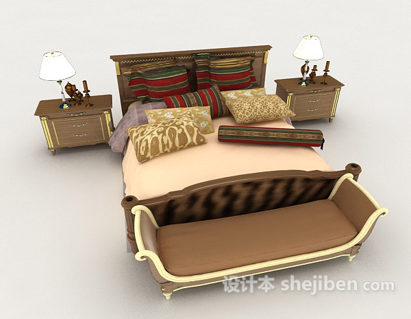 现代风格现代家居黄色木质双人床3d模型下载