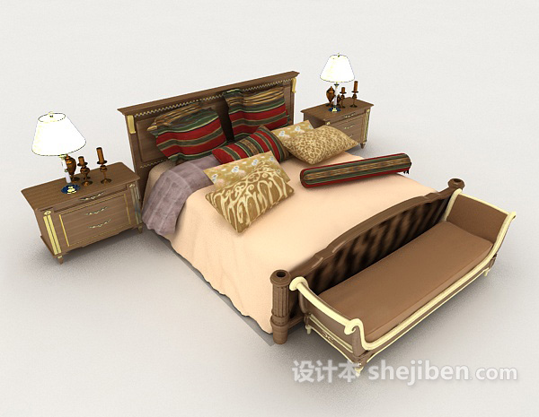 现代家居黄色木质双人床3d模型下载