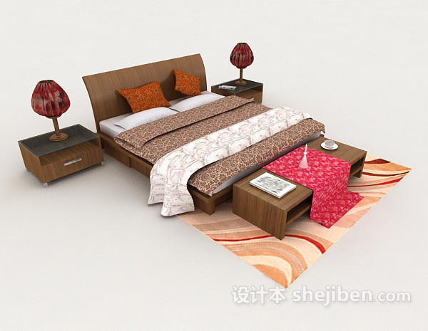 免费简单新中式双人床3d模型下载