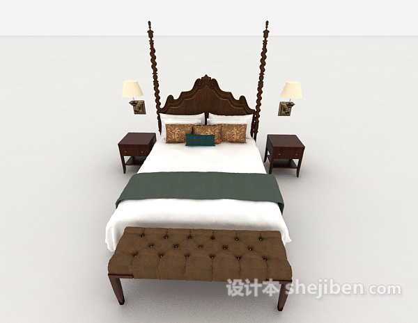 现代风格家居木质白色双人床3d模型下载