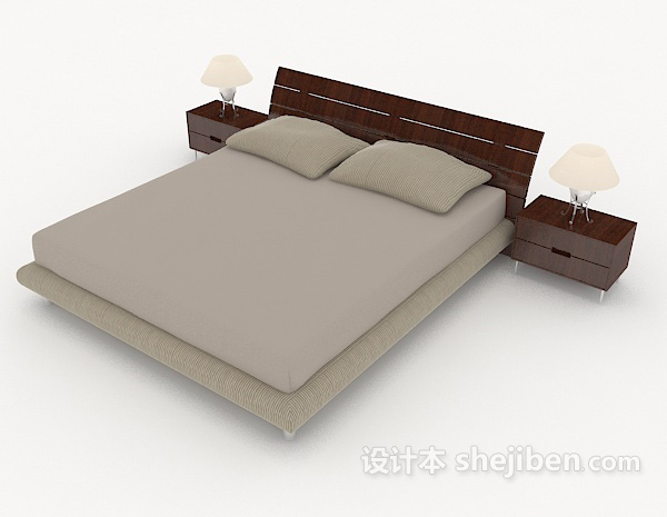 简约灰色木质双人床3d模型下载