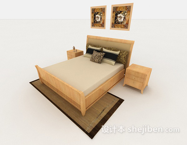 家居黄色木质双人床3d模型下载