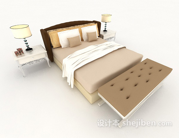免费欧式浅棕色双人床3d模型下载