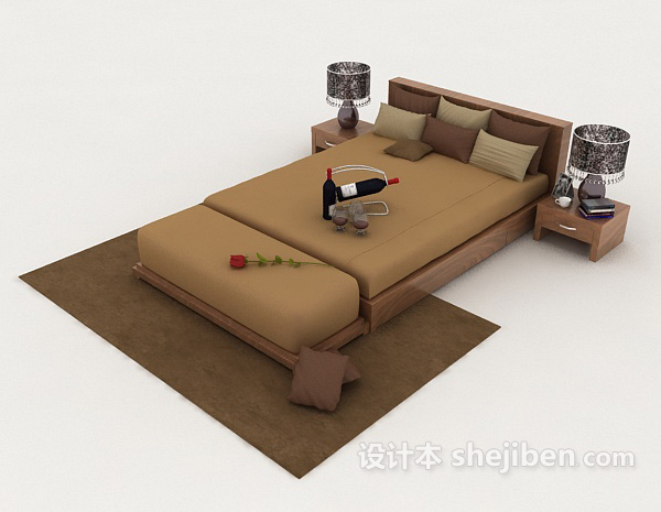 棕色简单双人床3d模型下载