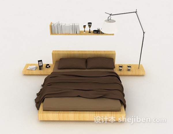 现代风格家居木质棕色双人床3d模型下载