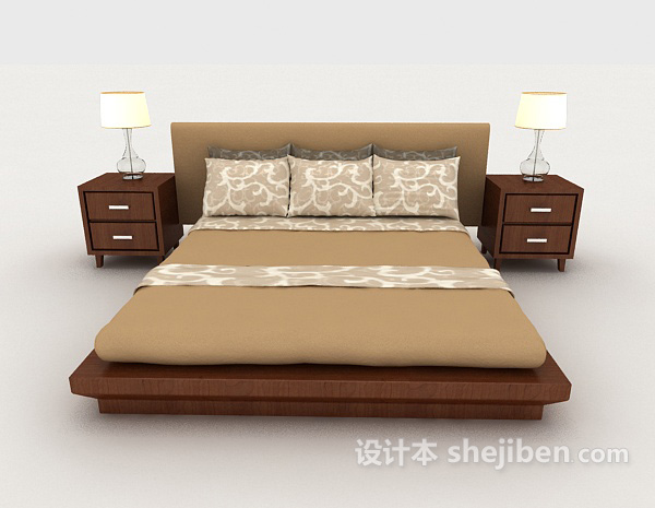 现代风格木质简约棕色家居双人床3d模型下载