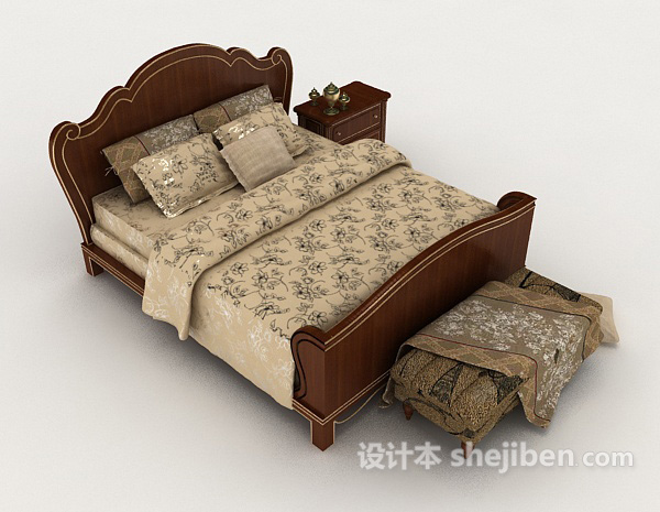 家居棕色花纹双人床3d模型下载
