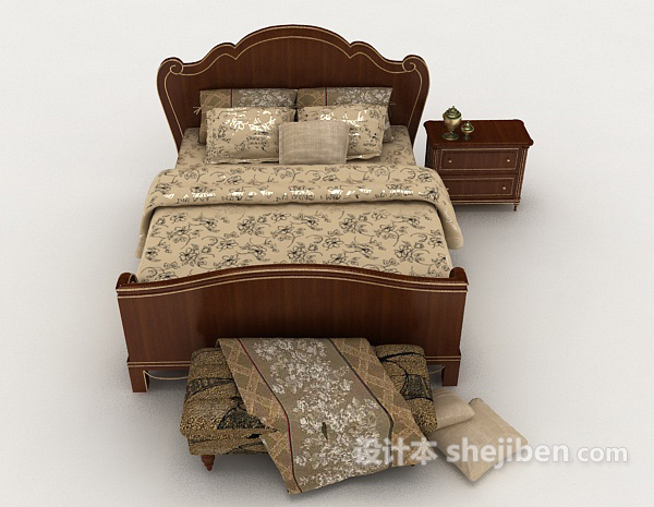 现代风格家居棕色花纹双人床3d模型下载